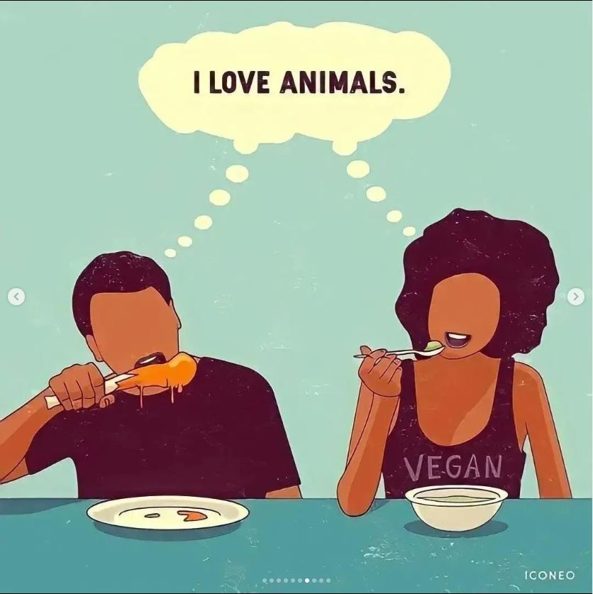 illustration of animals, vegetarians and non vegetarian, vegan, homonyms thoughts