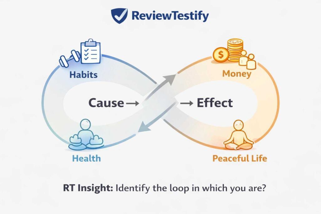 cause and effect loop explains your habit lead to peaceful life which give good heath which lead good earning and vice versa